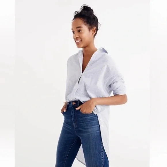Madewell Side Button Striped Popover Shirt β’ XS β’ Blue and White Stripes - Picture 12 of 13